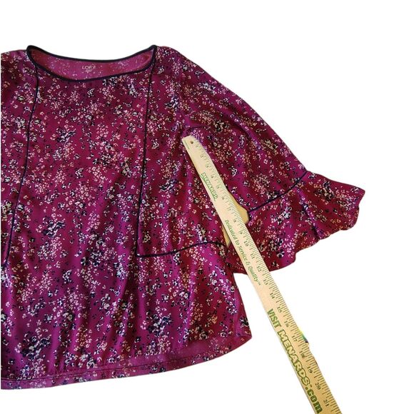Loft Floral Burgundy Color Tunic Blouse 3/4 Bell Sleeve Round Neckline Size M - Picture 5 of 7